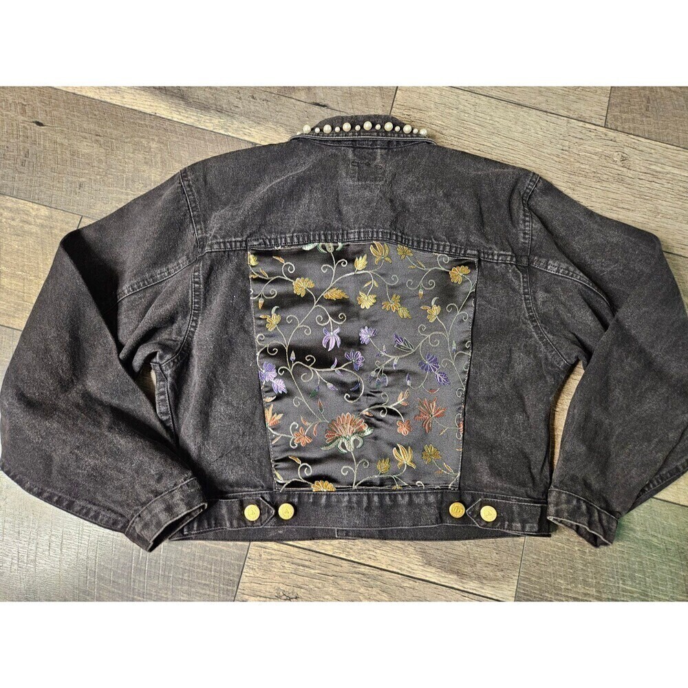 Liz Claiborne Vintage Lizwear Black Denim Jacket Pearls Japanese Flowers - Picture 6 of 14